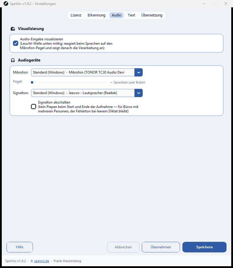 SpeVoc Einstellungen – Tab Audio