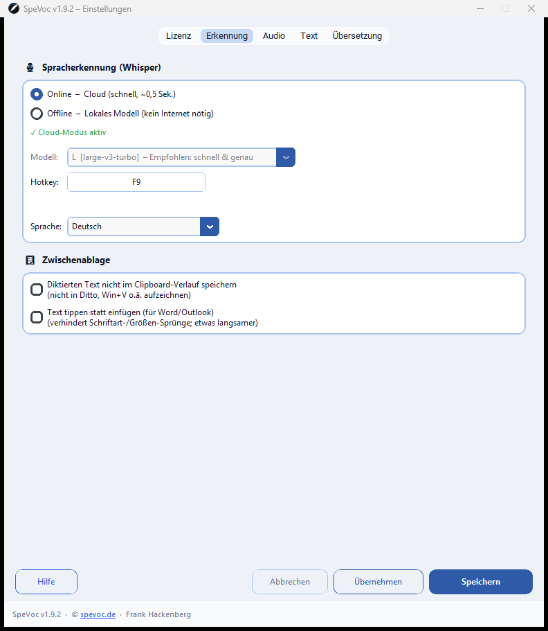 SpeVoc Einstellungen – Tab Erkennung