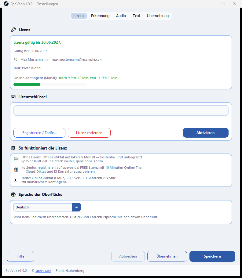 SpeVoc Einstellungen – Tab Lizenz mit Tarif und Kontingent-Balken