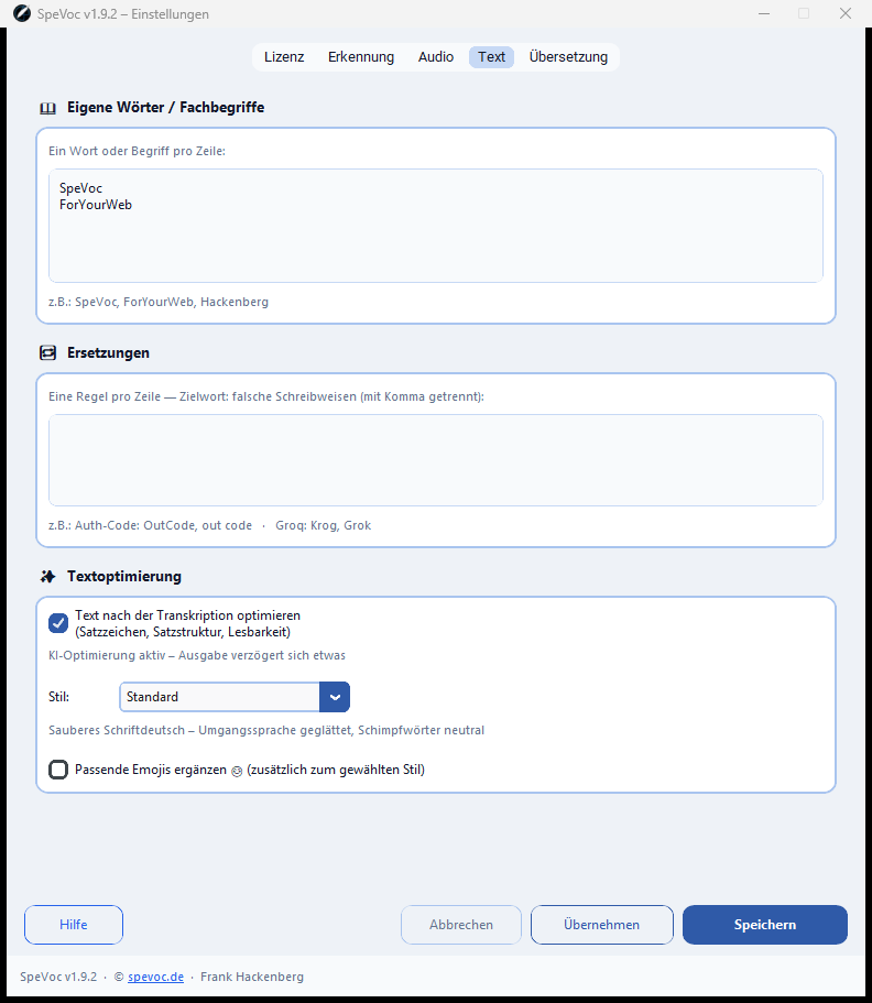 SpeVoc Einstellungen – Tab Text