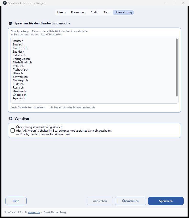 SpeVoc Einstellungen – Tab Übersetzung